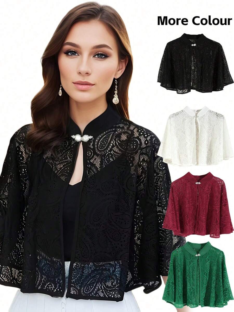 1 件女士优雅黑/白//蓝镂空蕾丝佩斯利图案波西米亚风格披肩斗篷，适合吊带裙、节日派对 - 腰果花 - 查看 1