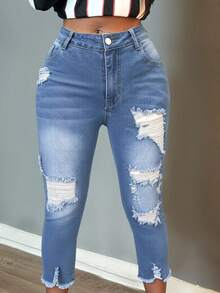 女士时尚休闲破洞七分牛仔裤，修身弹力牛仔七分裤，经典毛边七分牛仔裤 - 藍色 - 查看 1