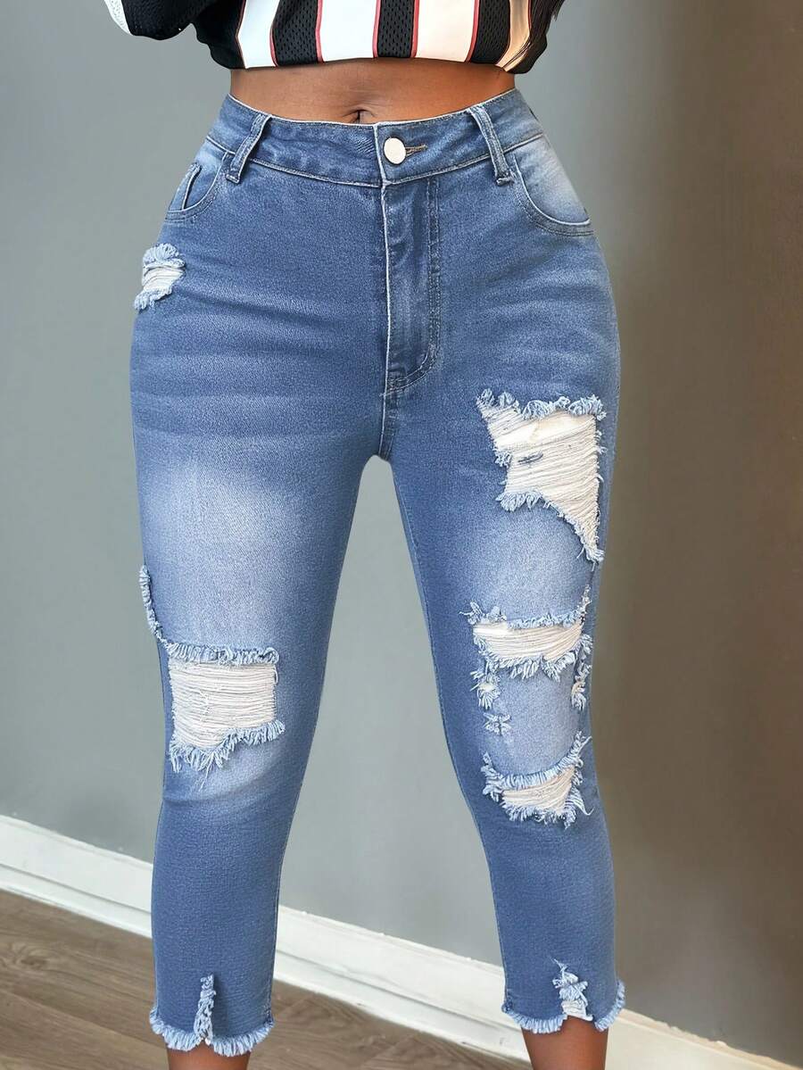女士时尚休闲破洞七分牛仔裤，修身弹力牛仔七分裤，经典毛边七分牛仔裤 - 藍色 - 查看 1