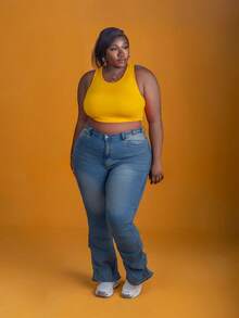 CurvyTilda Tildaharris Plus Size Women Retro Denim Flare Pants With Side Pleats, Slimming, Blue, For Hourglass Body Shape - Blue - View 4