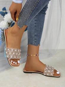 Sandalias de mujer tipo mula planas, decoradas con perlas y rhinestones, diseño de punta cuadrada, cómodas de slip-on, en múltiples colores, apropiadas para looks con estilo - Oro rosa - Ver 5