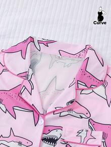 2pcs Women's Pajama Set, Shark Print, Women's Loungewear, Autumn/Winter Holiday Outfit, Long Sleeve Lapel Top And Pants, Can Be Worn Out - Pink - View 5