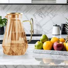 2L Borosilicate Glass Water Pitcher With Gold Stainless Steel Lid & Handle | Diamond-Textured Design | Hot & Cold Beverage Jug For Juice, Milk, Coffee, Tea | Dishwasher Friendly (Amber) - Gold - View 2
