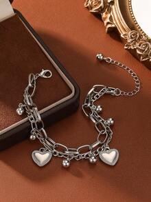 1 件时尚欧式双层心形吊坠链手链女士情人节款 - 金色 - 查看 6