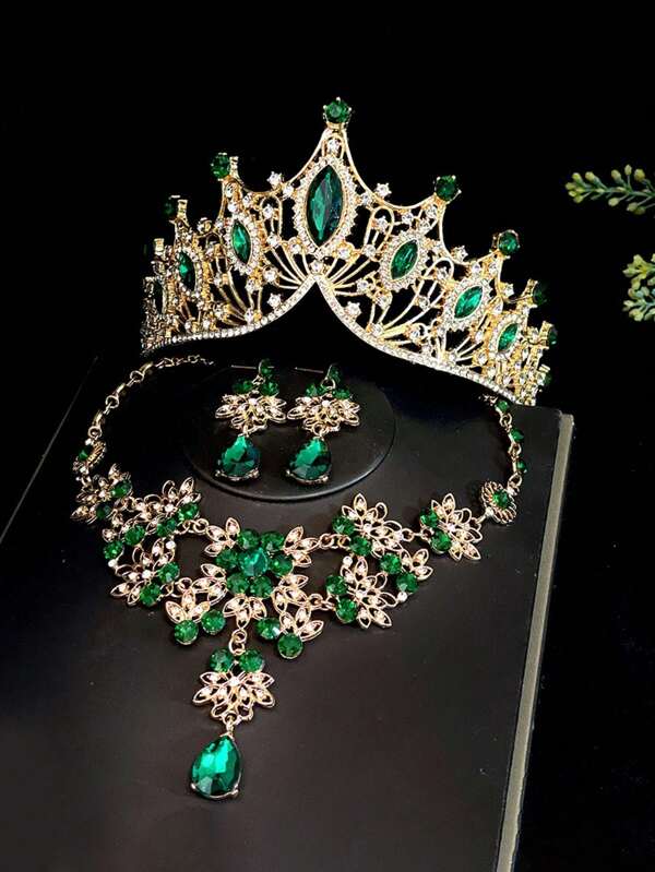 Conjunto de 3 piezas: Corona con estilo barroco, tiara y diadema, ambientación europea y estadounidense, collar y aretes, corona de cumpleaños, joyería para vestido de novia y boda
