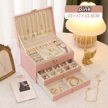 Three Layers Of Double Selection Faux Leather Jewelry Storage Box, Exquisite Necklace Earrings Golden Jewelry Hand Jewelry Box, Large Capacity Jewelry Organizing Box, Lock And Soft Lined Drawer - The Ideal Gift For Women Gift For Valentine's Day - Multicolor - View 17