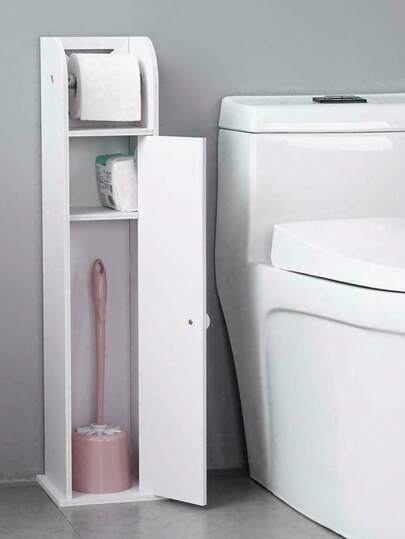 Wood Free Standing Toilet Paper Roll Holder Bathroom Storage Cabinet White