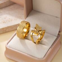 2 件/套 简约不锈钢 18k 镀金情侣戒指 情侣戒指 求婚戒指 新娘和新郎结婚戒指 带粉色皇冠戒指盒 4mm 内外圆形金戒指 适合男女情侣日常婚礼佩戴 - 金色 - 查看 7