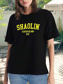 Camiseta retro gráfica de Shaolin de Staten Island, Nueva York, para mujer. Estilo hip hop de artes marciales, cuello redondo, ropa urbana de calle - Negro - Ver 2