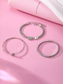 3pcs Luxury Simple Personalized Rhinestone Butterfly & Heart Design Stacking Bangle Bracelet Set For Women, Elegant