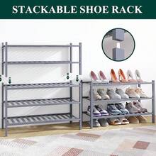 Estantería para zapatos, organizador de zapatos apilable de 3 niveles de madera, estantería de almacenamiento de zapatos de pie, entrada, puerta principal, natural - Gris - Ver 4