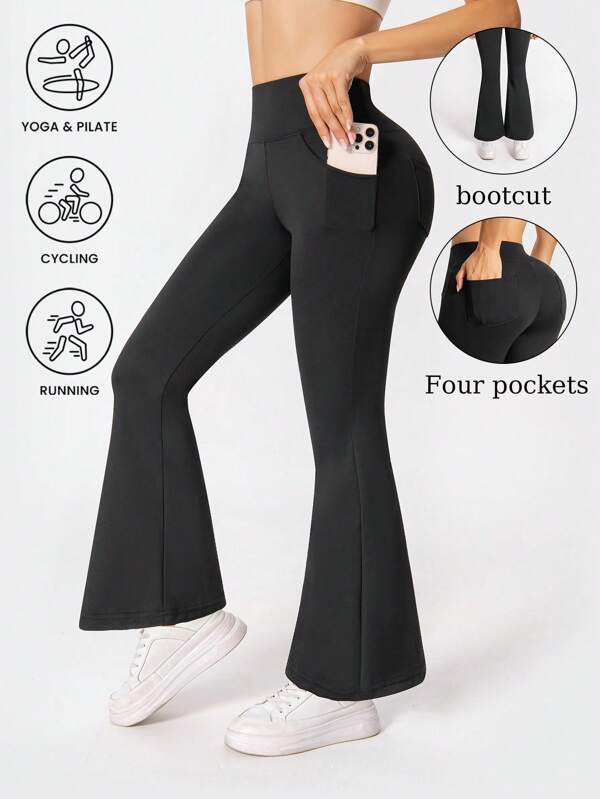 Women's Flared Leg With Pockets Yoga Pants, Slim-Fit Athletic Trousers For Everyday Wear