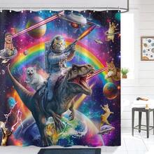 New Fowocu Funny Cat Dinosaur Shower Curtain Fun Cool Colorful Space Cats Shower Curtains For Bathroom Fantasy Galaxy Universe Anime Kids Waterproof Fabric Bath Curtain Dr 72 X 72 Inch - 紫色 72 英吋寬 x 72 英吋長(1 包) - 查看 4