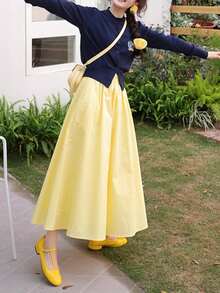 Dopamine Midi A-Line Flared Skirt, High Waist Casual Pleated Skirt For Petite Women, Summer, Yellow