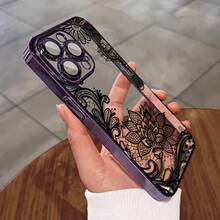 Lace Pattern For 16 Case  16 Promax/16Plus/16Pro/15Plus/15Pro/15Promax/14Plus/14Promax/14Pro/13 Pro Max 12/11  XS/X XSMAX Electroplated Silicone Phone Case, High-Quality 13Pro Transparent Phone Case Soft Case - 黑色 - 查看 2