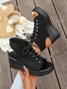 Women's Summer Preppy College Bohemian Goth Style Peep-Toe Platform Wedge Heel Casual Vacation Roman Sandals - Black - View 8