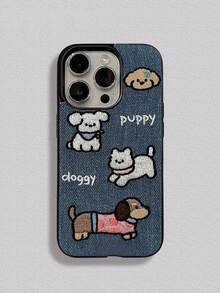 1pc Denim Embroidered Dog Graphics Full Protective Shock Proof Phone Case Compatible With Apple Phones Waterproof Anti-Fall Scratch Resistant - Brown - View 4