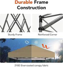 Amada 10x10ft 1-Person Setup Pop Up Canopy Tent - Easy Outdoor Sun Shade For Events, Parties, Camping, Gazebo With Wheel Cover Bag, Beach Tent With 3-Speed Adjustable Height,Blue - 卡其色 - 查看 4
