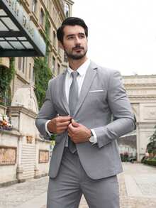 CLOUDSTYLE Men's Solid Color Lapel Neck Long Sleeve Jacket And Trousers Business Suit Set, Spring/Autumn - Light Grey - View 3