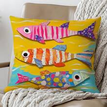 1件夏季涂鸦彩色鱼装饰枕套，单面印花，柔软桃皮绒面料，45*45厘米/50*50厘米/40*40厘米靠垫套，适用于现代布艺沙发室内装饰、派对装饰、礼品 - 彩色 - 查看 3