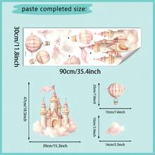 奇幻城堡与热气球墙贴 - 可移除防水 PVC 贴纸，粉色闪光梦幻设计 - 自粘装饰，适用于婴儿房、卧室和家居室内装饰 - 29.97 厘米 X 89.92 厘米 - 彩色 - 查看 6