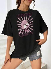 Camiseta gráfica divertida de cartón de leche para mujer | Con ganas de un chorrito | Top informal de manga corta de moda | Camiseta con mensaje humorístico | Regalo para amigas | Tallas grandes disponibles - Negro - Ver 1
