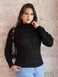 Women's Cold Temperature Sweater High Neck Wool Puff Sleeve Knitted Tricot Braids - 黑色 - 查看 4