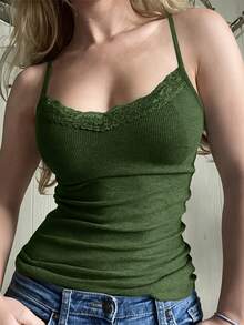GAOVOT Women's Lace Patchwork Camisole, Sexy Fitted Y2K Style, Spring/Summer Casual - Army Green - View 3