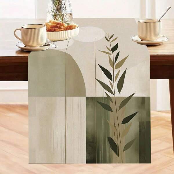 1pc Geometric Green Plant Pattern Tablecloth/Table Runner, Fresh Style Decor For Dining Room, Living Room, Bedroom, Home, Suitable For All Seasons And Occasions