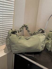 1 Pc Nylon Fabric Multi-Pocket Dumpling Style Casual Pleated Drawstring Crossbody Shoulder Bag For Women, Soft Relaxed Versatile Hobo Look , Green - Olive Green - View 6