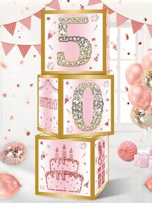 3 件，27*27 厘米粉红金色生日快乐纸惊喜盒气球盒礼品盒，闪光 18 岁 50 岁 60 岁生日派对装饰家居房间背景装饰，拍照道具，生日婴儿送礼会用品，生日礼物