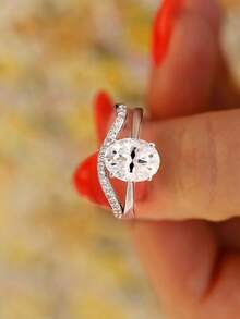 2Pcs/Set 2ct Oval Shape & Single Row Design Colorless Moissanite Diamond 2 In 1 Double Rings Set Ladies Engagement Ring S925 Sterling Silver Simple Romantic Couple Ring Eternity Ring Wedding Anniversary Ring Luxury Jewelry Gift