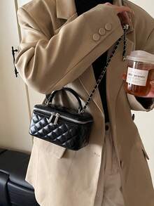 1 件时尚 PU 绗缝钻石缝拉链手拿包，百搭女士手提包，配有可拆卸肩链 - 黑色 - 查看 2