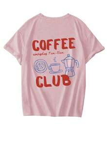 Women's Summer New Simple Coffee & English Print Round Neck White Short Sleeve T-Shirt, Casual Everyday Wear, Versatile Top
