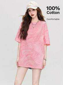 New Loose Fit Light Pink Water Color Painting Print T-Shirt, Fashionable Casual Women Tees