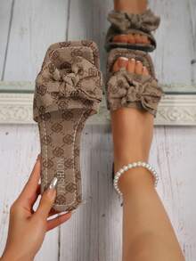 Ladies' Summer Fashionable Printed Bow Open - Toe Flat Slide Sandals: A Sweet Choice For Daily Leisure - Brown - View 1