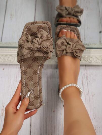 Ladies' Summer Fashionable Printed Bow Open - Toe Flat Slide Sandals: A Sweet Choice For Daily Leisure