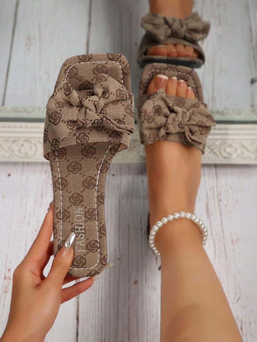 Ladies' Summer Fashionable Printed Bow Open - Toe Flat Slide Sandals: A Sweet Choice For Daily Leisure - Brown - View 1