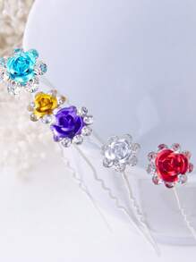 5pcs Set Elegant Faux Crystal & Gold Plated Rose Ditsy Floral Hair Clips, Bride Updo Accessories, U-Shaped Hair Pins, All Season