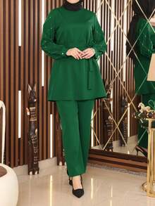 Women Rhinestone Decorated Elegant Long Sleeve Top & Pants Set - Green - View 5