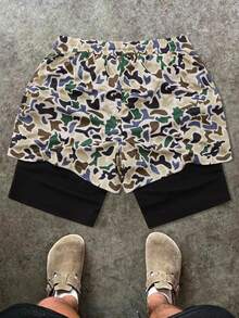 Men's Double-Layer Geometric Print Sports Shorts, Casual Street Style, Comfortable, Versatile, Suitable For Gym - Green - View 2