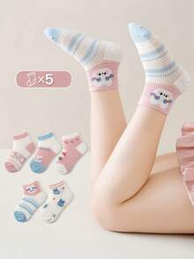 5 Pairs Kids Spring/Summer Breathable Mesh Cartoon Rabbit Design Thin No-Seam Mid-Calf Socks For Girls - Multicolor - View 3
