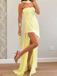 Women High Split Strapless Dress Solid Off Shoulder Sleeveless Open Back Long Tube Top Dress With Scarf - 黃色 - 查看 2