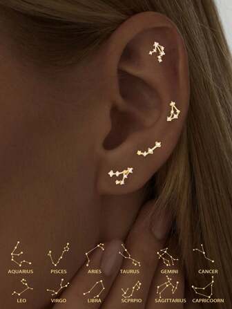 1 Pc Single S925 Sterling Silver Irregular 12 Constellations Star Earrings 5A Cubic Zirconia 14K Gold Plated Zodia Stud Earrings Birthday Jewelry Gifts For Women Girlfriend Wife Mom