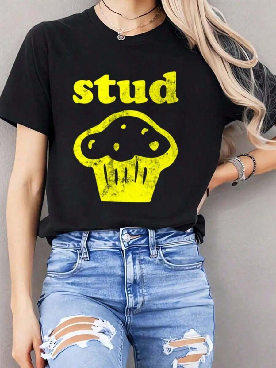 100% Cotton Shirt Black Stud Muffin Shirt T-Shirt Women And Women Can Wear, Black, White, Gifts Women ShirtSummer Party Casual Fashion T-Shirt Retro Outdoor Casual Breathable T-Shirt Fashion Printed T-Shirt - Black - View 1