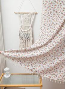 1pc Pink Floral Curtain With Tassels, Suitable For Dining Room, Cafe, Bedroom, Living Room, Kitchen, Year-Round Home Use