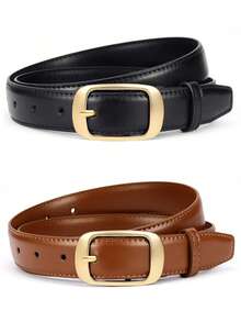 2条女士真皮腰带，适合搭配连衣裙，黑色/棕色，金色扣环，尺码S-M，适合万圣节、夏季、上学、秋季等场合。