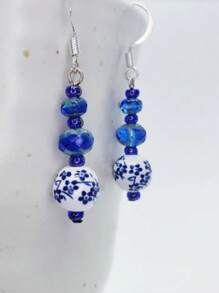 2 piezas de Elegantes pendientes de mujer de cuentas de cristal con borlas, estilo chino de porcelana azul y blanco con flores, multicolor, apropiados para fiestas, banquetes y uso diario
