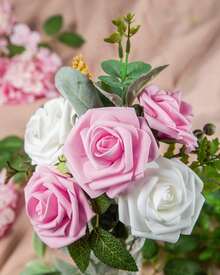 25Pcs Artificial Roses Flowers Fake Roses With Stems Real Touch Foam Flowers For DIY Wedding Bouquet Baby Shower Centerpiece Floral Arrangement Party Home Decor(Dark Red) - Pink - View 4