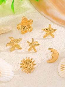 1 件女士朋克个性化月亮太阳海星花夹式耳环，无耳洞时尚珠宝配饰，适合日常佩戴 - 彩色 - 查看 13